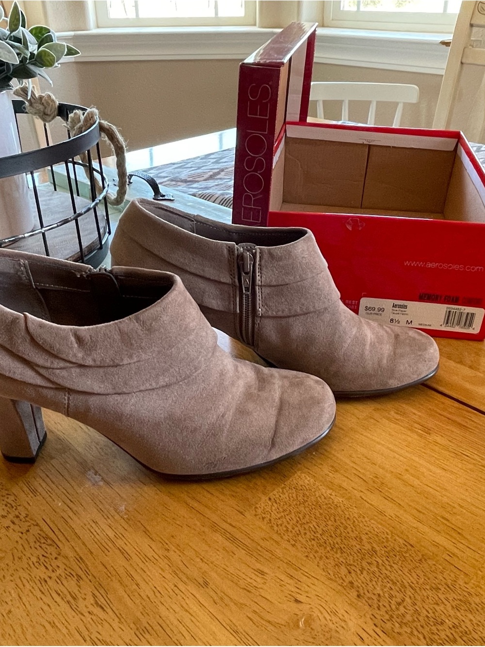 AEROSOLES Taupe Suede Ankle Booties with Side Zip